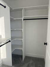 Walk in closet featuring dark colored carpet