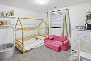 Carpeted bedroom with a textured ceiling