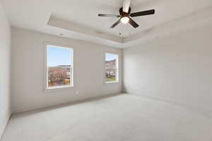 Unfurnished room with a tray ceiling, carpet floors, and a ceiling fan