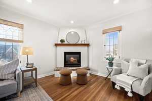 Living area with dark wood-type flooring, a glass covered fireplace, and recessed lighting