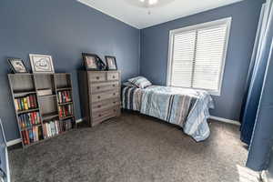 Bedroom featuring carpet floors and ceiling fan