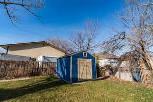 View of shed with a fenced backyard