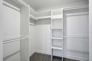 Walk in closet with dark colored carpet