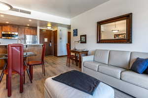 Living room featuring light wood-type flooring and recessed lighting