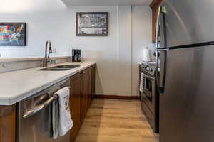 Kitchen featuring stainless steel appliances, a peninsula, and light wood finished floors