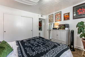 Bedroom with a textured ceiling, a closet, and carpet flooring