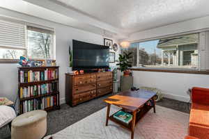 Living area featuring carpet and a textured ceiling