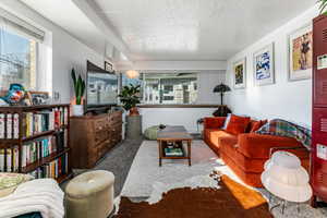 Carpeted living area featuring a textured ceiling
