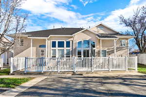 View of front of house featuring a fenced front yard, stucco siding, and a shingled roof