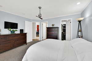 Carpeted bedroom featuring ornamental molding and a spacious closet
