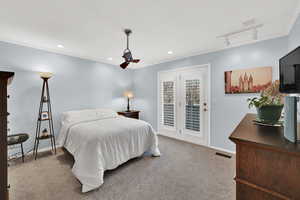 Bedroom with carpet, ornamental molding, track lighting, and access to exterior