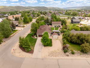 Aerial view of residential area with mountains