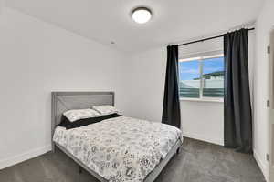 Bedroom with dark colored carpet