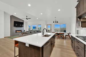 Kitchen with dark brown cabinetry, a tiled fireplace, light wood-style floors, open floor plan, and recessed lighting
