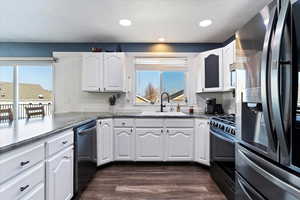 Kitchen with appliances with stainless steel finishes, white cabinetry, healthy amount of natural light, and recessed lighting