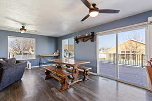 Dining room with a ceiling fan and dark wood-style flooring
