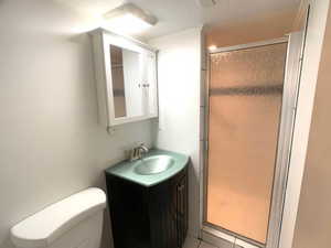 Full bath featuring vanity, a shower stall, and a textured ceiling