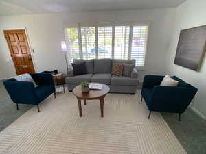 Living area with carpet floors