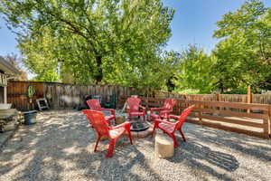 Fenced backyard featuring a patio and an outdoor fire pit