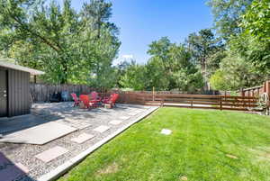 Fenced backyard featuring a patio