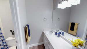 Full bath featuring vanity, a shower with curtain, and dark wood-style flooring