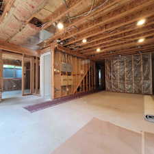 Unfinished basement featuring electric panel