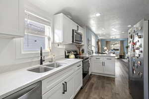 Kitchen featuring stainless steel appliances, white cabinets, a peninsula, open floor plan, and dark wood-style floors