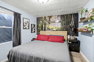 Carpeted bedroom featuring baseboards and a textured ceiling