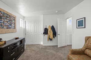 Living area featuring light colored carpet and a textured ceiling