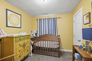 Bedroom featuring a textured ceiling, carpet, and a nursery area