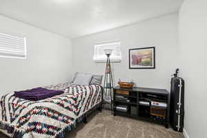Bedroom with carpet floors and a textured ceiling