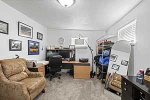 Home office featuring a textured ceiling and light colored carpet