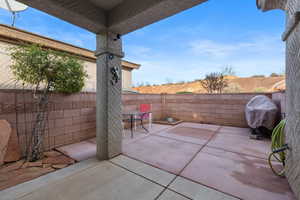 Fenced backyard featuring a patio area and grilling area