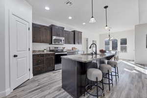 Kitchen with appliances with stainless steel finishes, a center island with sink, a breakfast bar area, hanging light fixtures, and dark brown cabinets