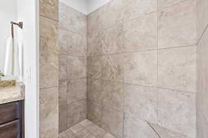 Bathroom view of vanity and a tile shower