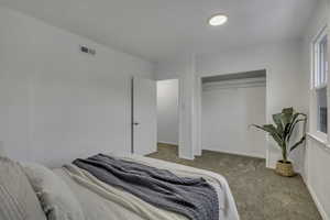 Bedroom with carpet flooring and a closet