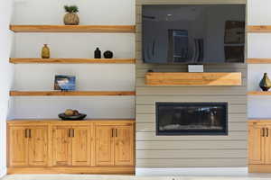 Detailed view of a glass covered fireplace