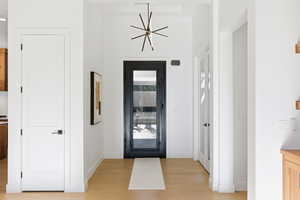 Entrance foyer with light wood-type flooring and baseboards
