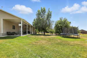 View of grassy yard featuring a trampoline, a ceiling fan, and a patio