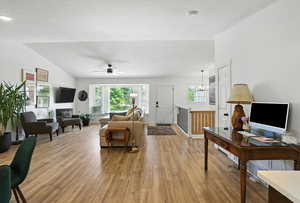 Living area featuring vaulted ceiling, light wood-type flooring, ceiling fan, and a chandelier