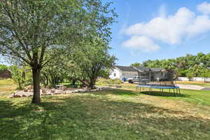 View of green lawn with a trampoline and a patio area