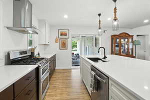 Kitchen featuring white cabinetry, stainless steel appliances, exhaust hood, pendant lighting, and light wood-style floors