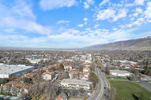 Aerial overview of property's location with a mountain backdrop