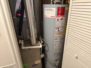 Utility room featuring water heater and heating unit