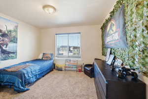 Bedroom featuring light colored carpet