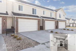 Traditional-style house featuring brick siding, an attached garage, and concrete driveway