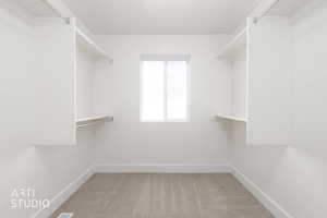 Walk in closet featuring light carpet