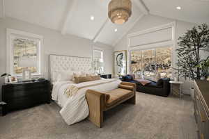Bedroom featuring carpet floors, beam ceiling, high vaulted ceiling, and recessed lighting