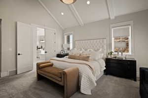 Bedroom featuring beamed ceiling, carpet, multiple windows, recessed lighting, and high vaulted ceiling