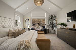 Bedroom featuring light carpet, beamed ceiling, recessed lighting, and high vaulted ceiling